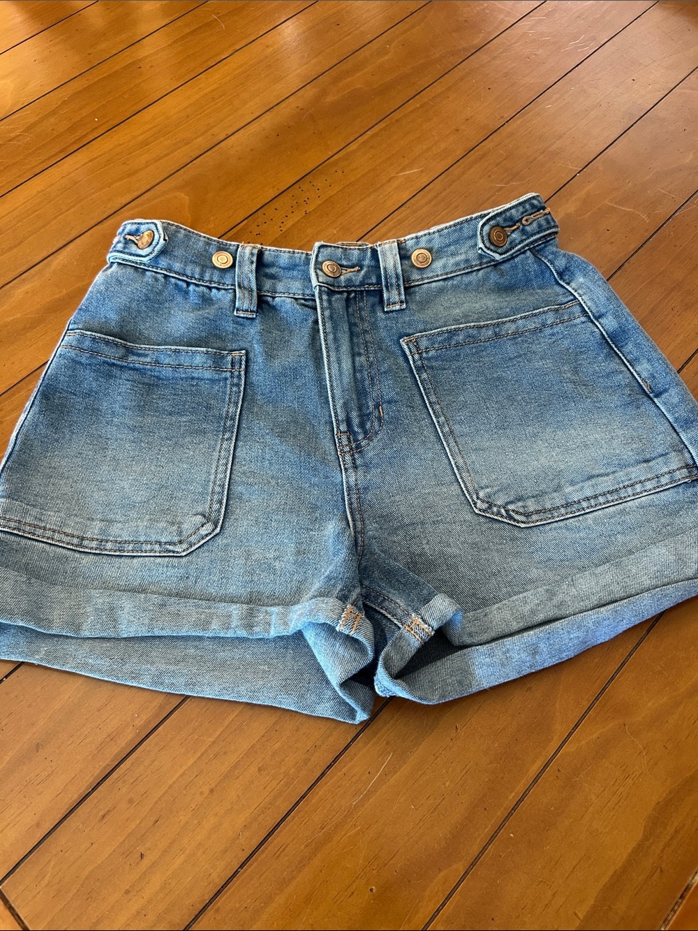BCBGeneration Light Blue High-Rise Denim Patch Pocket Shorts